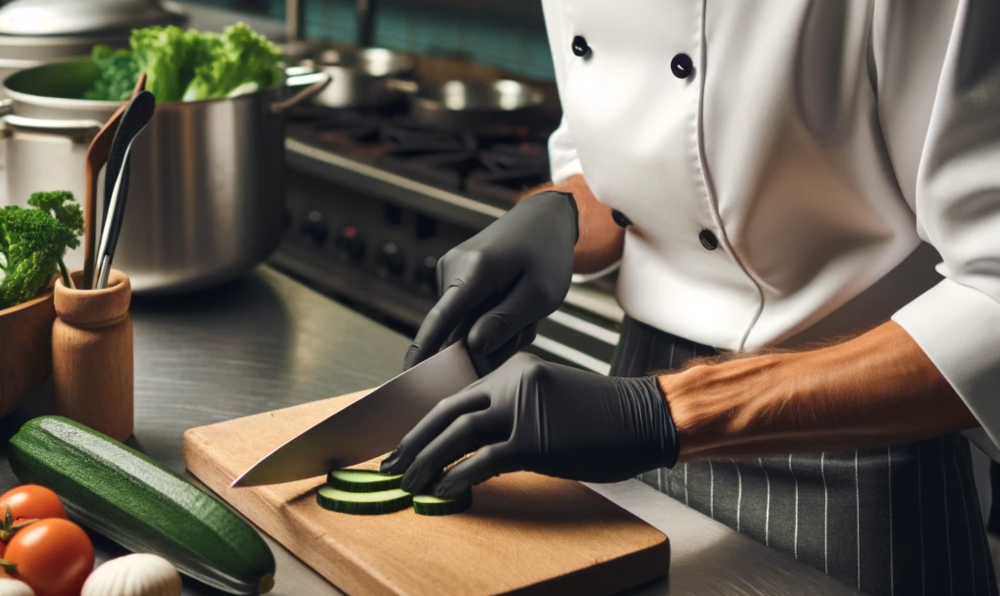 Food service workers wearing black nitrile gloves while preparing food